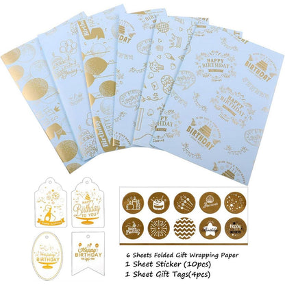 Geschenkpapier Geburtstag Gold, 6 Blatt mit Stickern & Tags