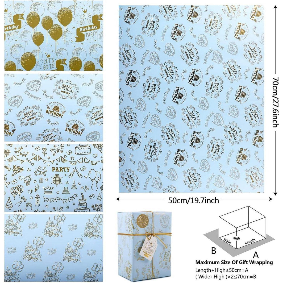 Geschenkpapier Geburtstag Gold, 6 Blatt mit Stickern & Tags