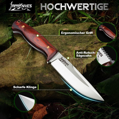 Japaknives Survival Messer Jagdmesser D2 Stahl Bushcraft Lederscheide
