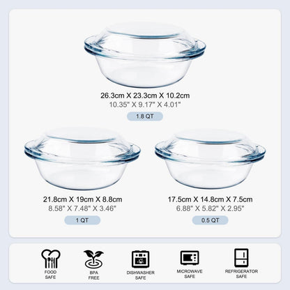 6tlg. Glas Auflaufform Set mit Deckel - 0,5L, 1L, 1,8L