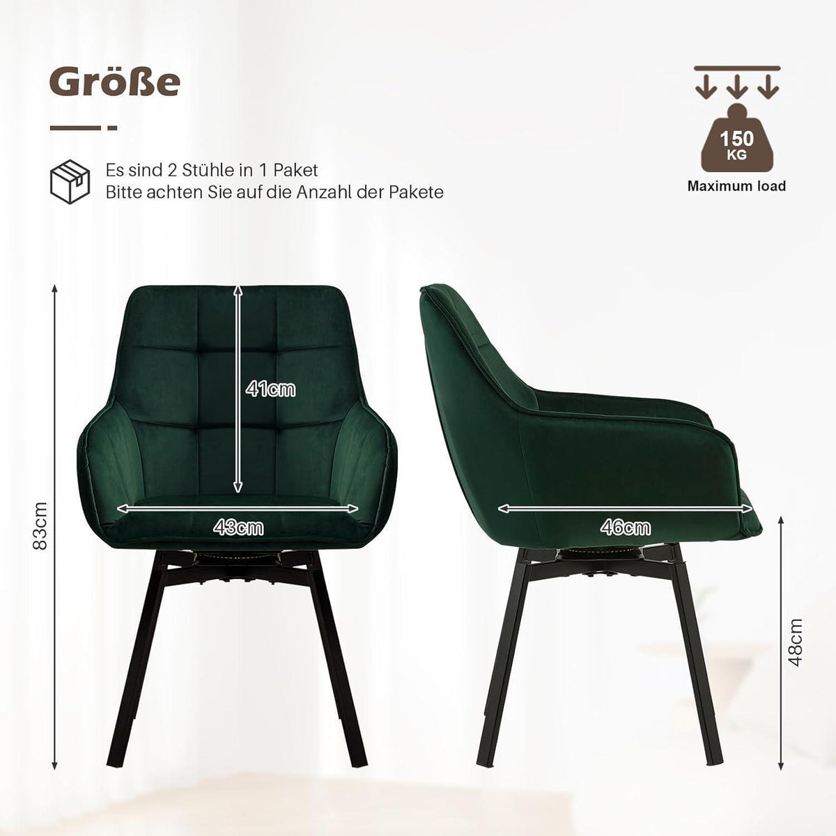 Drehbarer Samt Esszimmerstuhl mit Armlehnen – Grün, 6er Set