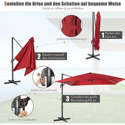 Ampelschirm Ø300cm Weinrot mit Kurbel & 360° Drehung