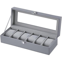 Uhrenbox für 6 Uhren mit Glasfenster, Samt, Grau in Lederoptik