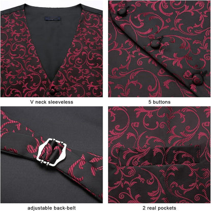 Herren Anzugweste mit Krawatte & Einstecktuch – Paisley Floral Jacquard