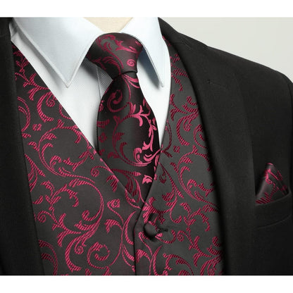 Herren Anzugweste Set Paisley Jacquard mit Krawatte & Einstecktuch Weinrot