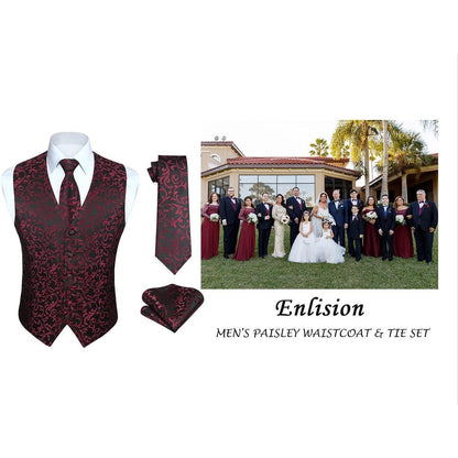 Herren Anzugweste Set Paisley Jacquard mit Krawatte & Einstecktuch Weinrot