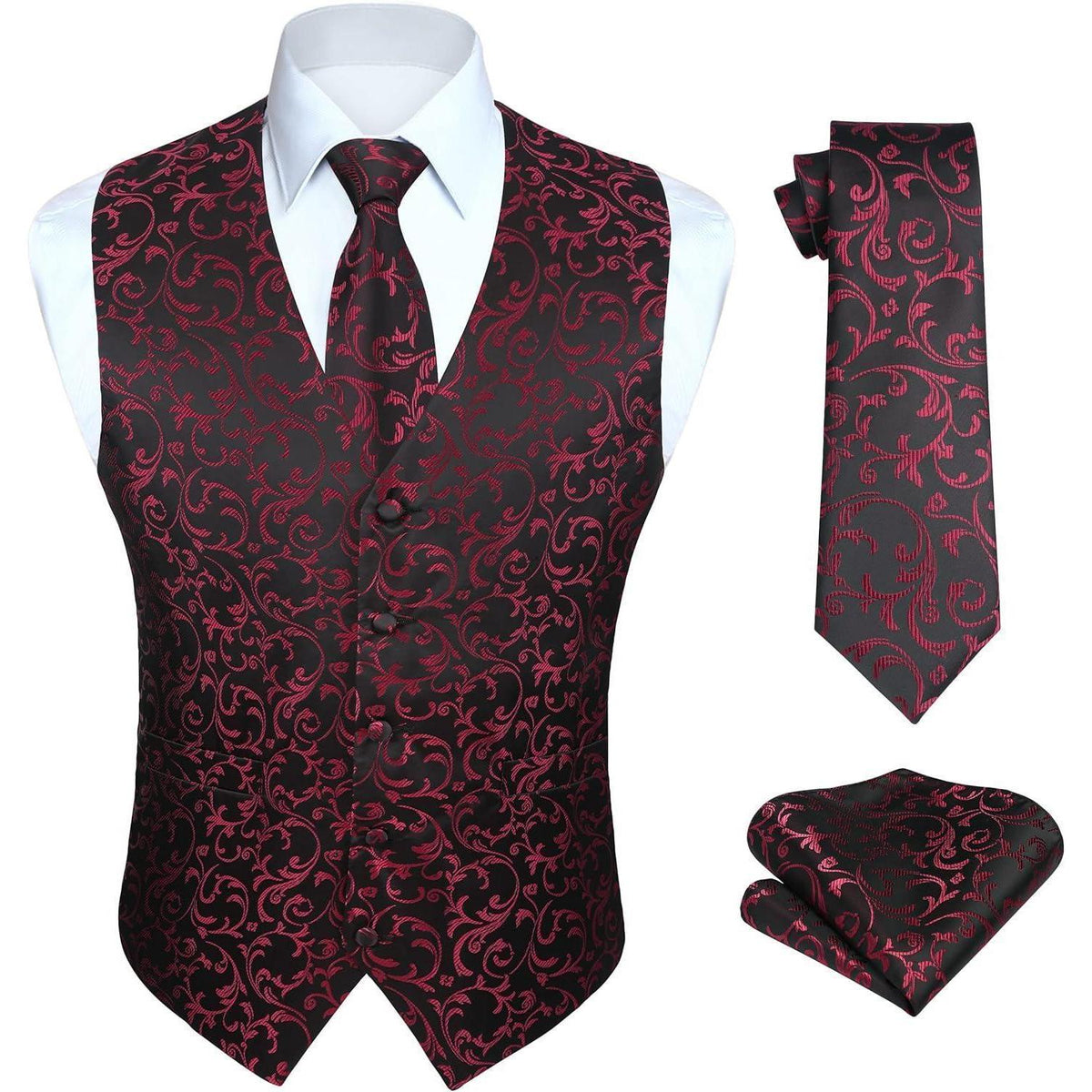 Herren Anzugweste Set Paisley Krawatte Einstecktuch Schwarz-Weinrot