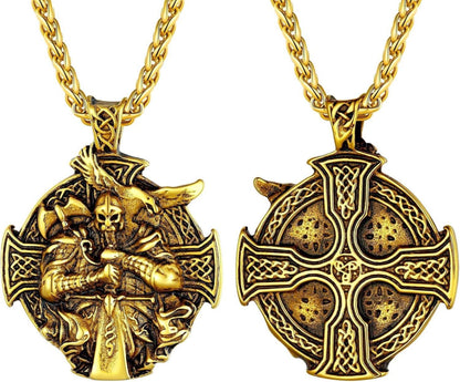 Wikinger Odin Medaille Halskette Edelstahl/18k vergoldet Rund Anhänger