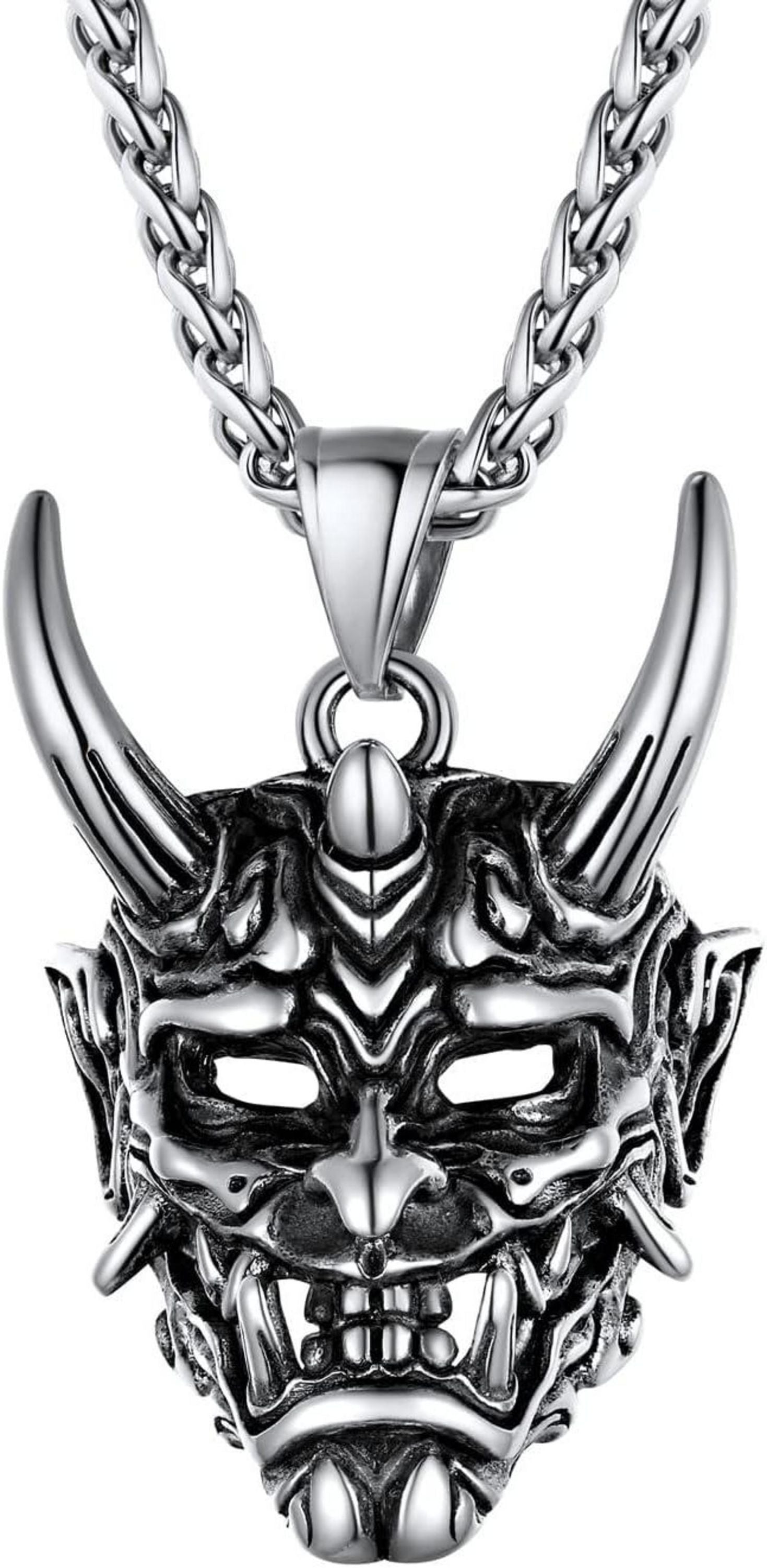 Japanische Dämon Maske Halskette Edelstahl Anhänger Weizenkette 55+5cm