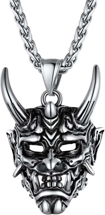 Japanische Dämon Maske Halskette Edelstahl Anhänger Weizenkette 55+5cm