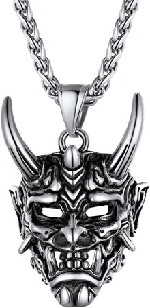 Japanische Dämon Maske Halskette Edelstahl Anhänger Weizenkette 55+5cm