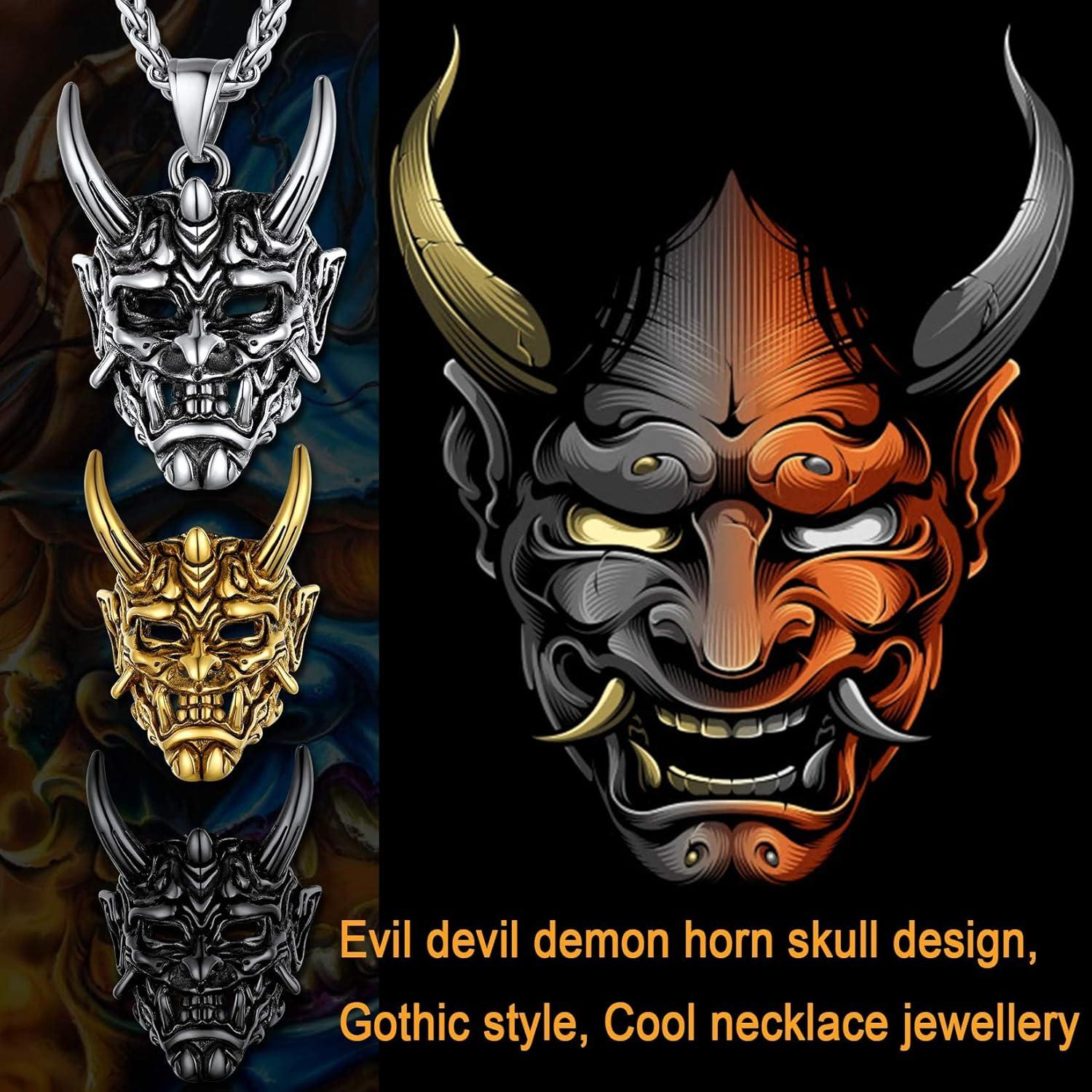 Herren Japan Maske Halskette Edelstahl Biker Gotik Dämon 55+5cm