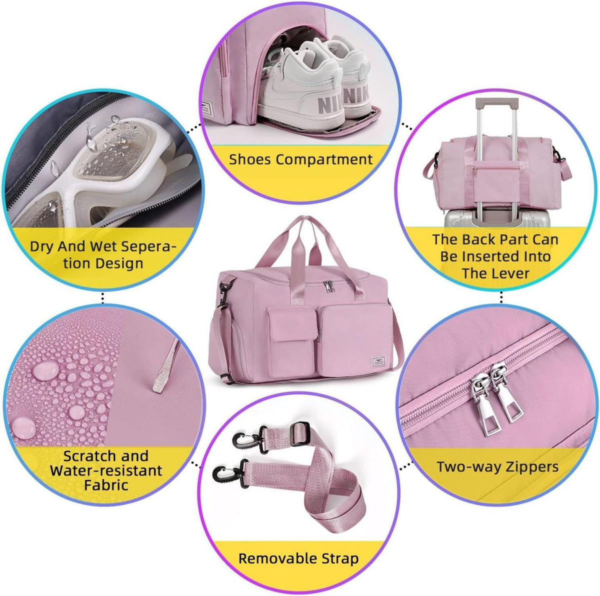35L Damen Sporttasche: Faltbare Reisetasche mit Schuhfach, Nassfach - Rosa