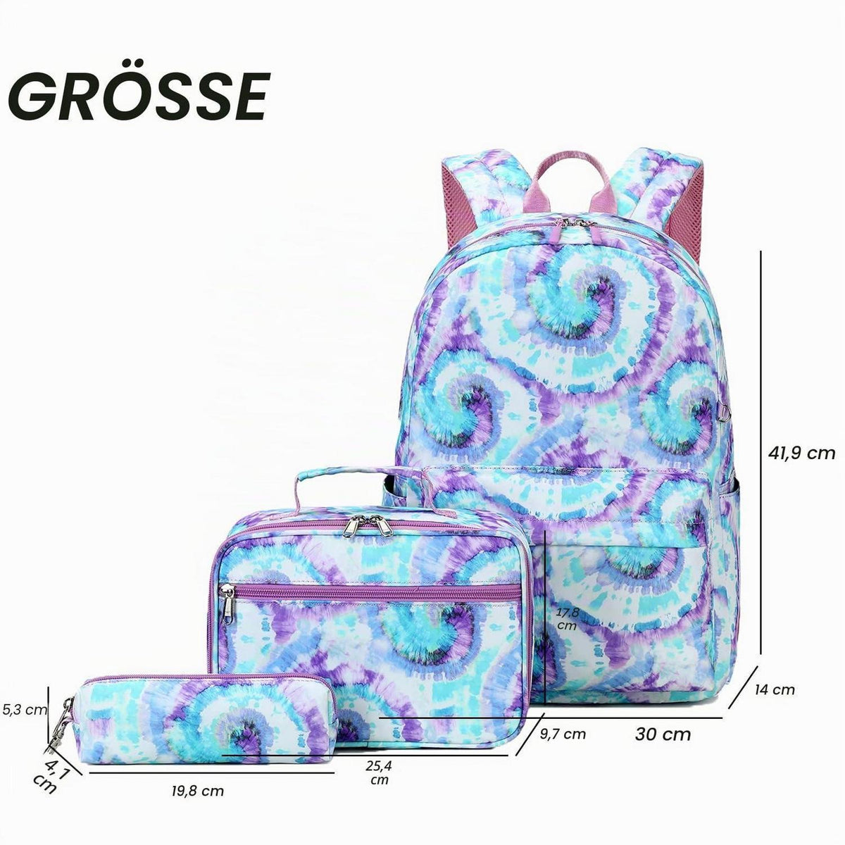 Schultaschen-Set Mädchen Tie Dye – Rucksack, Lunchtasche & Mäppchen