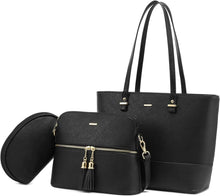 Große Damen Handtasche Set Leder Schultertasche Shopper Schwarz