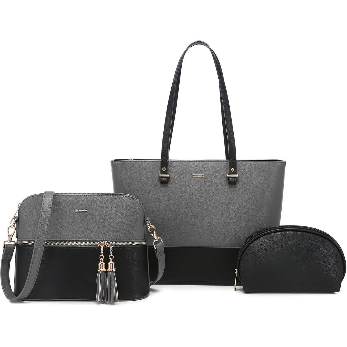 Shopper Set 3-teilig Damen Handtasche Schultertasche Geldbörse Lederoptik Grau-Schwarz