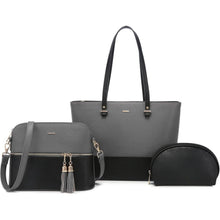Shopper Set 3-teilig Damen Handtasche Schultertasche Geldbörse Lederoptik Grau-Schwarz