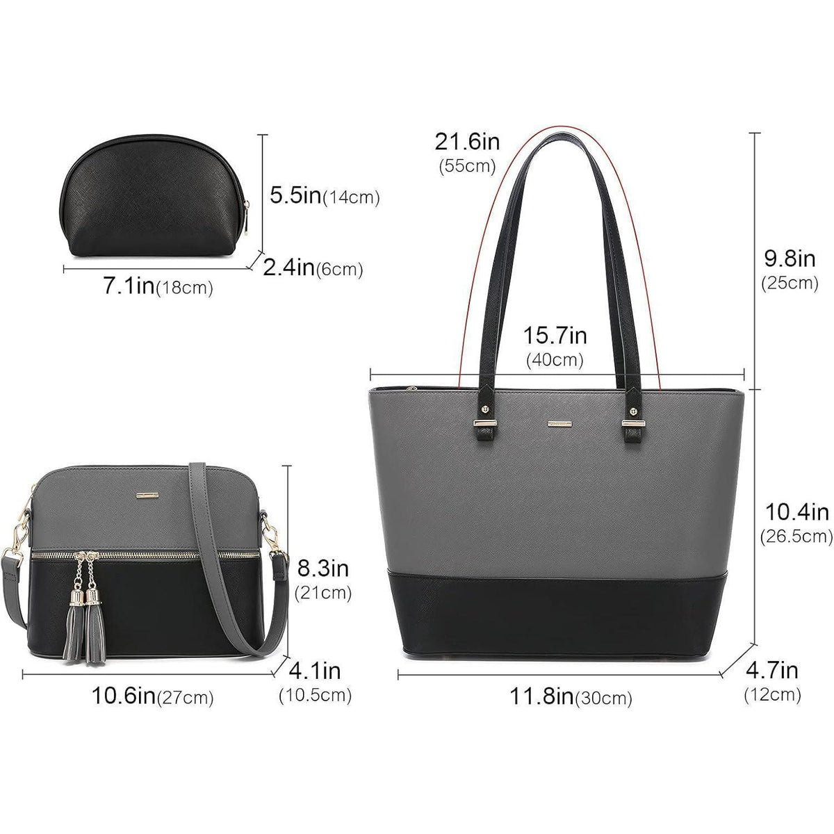 Shopper Set 3-teilig Damen Handtasche Schultertasche Geldbörse Lederoptik Grau-Schwarz