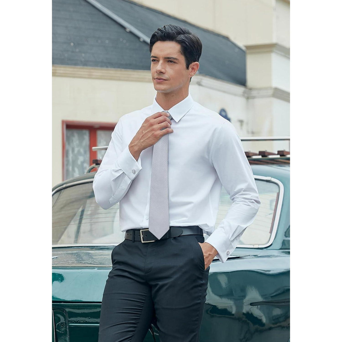 Herren Krawatten Set mit Einstecktuch & Manschettenknöpfen Grau/Silber