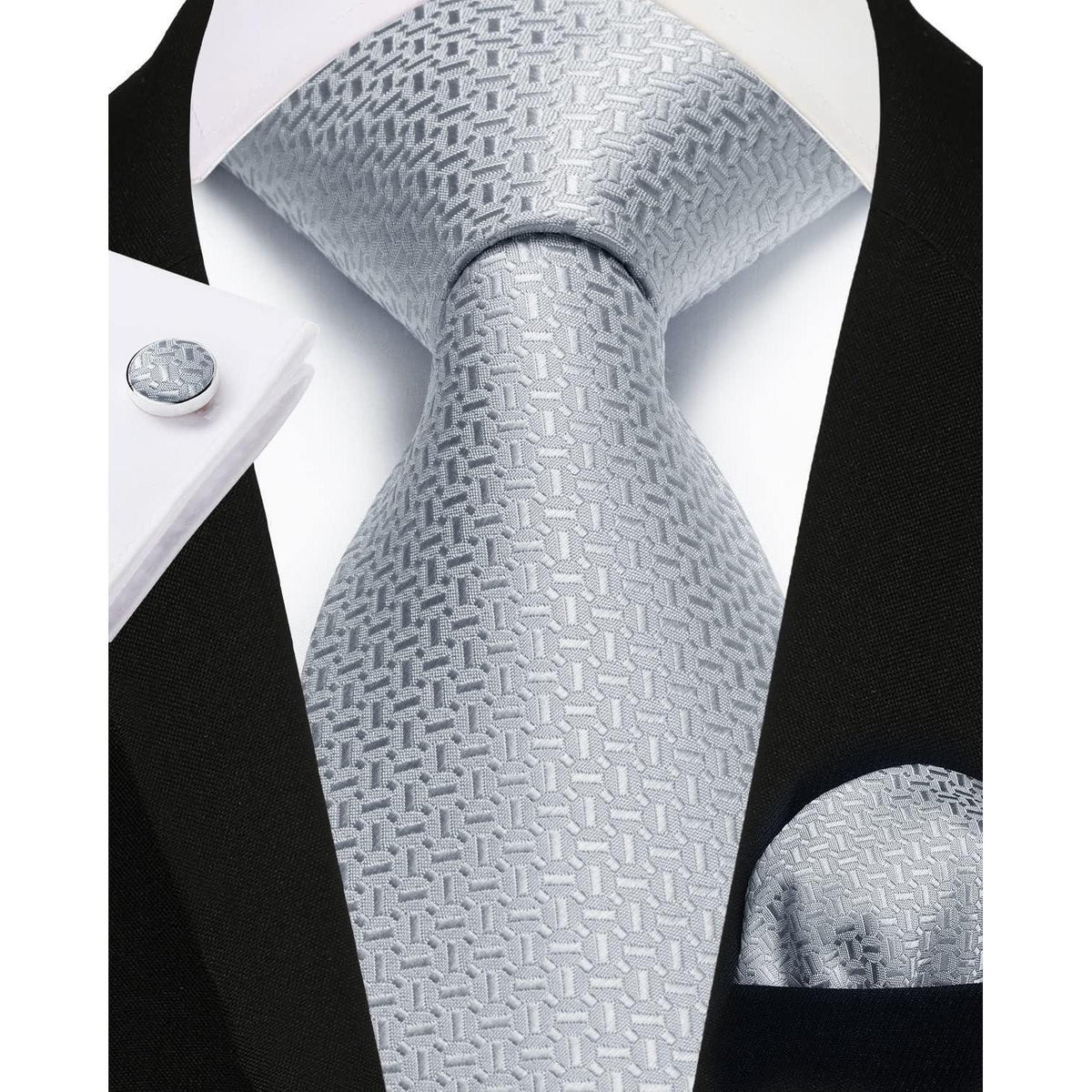 Herren Krawatten Set mit Einstecktuch & Manschettenknöpfen Grau/Silber