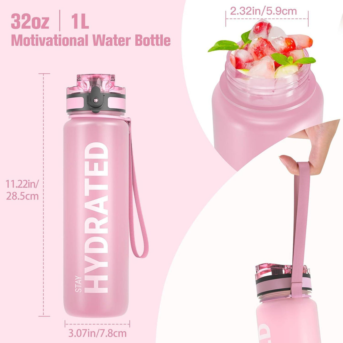 Sport Trinkflasche 1L Auslaufsicher BPA-frei Tritan Rosa für Fahrrad Camping Gym