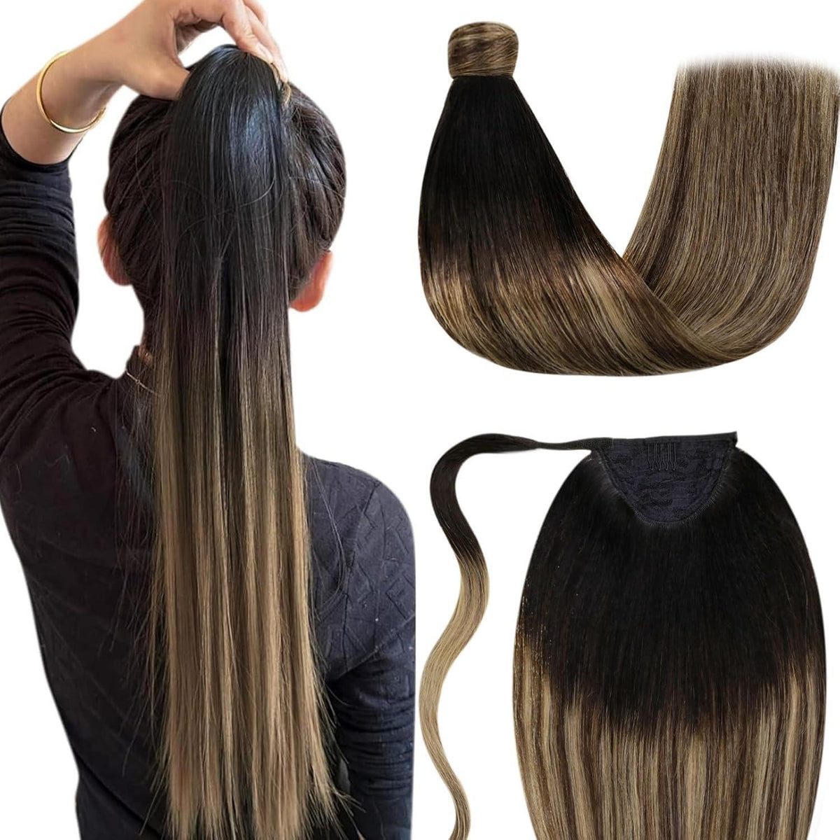 Echthaar Zopf Extension Schwarz Ombre Braun Balayage 40cm