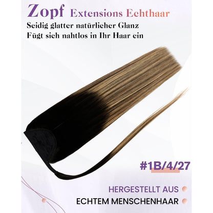 Echthaar Zopf Extension Schwarz Ombre Braun Balayage 40cm