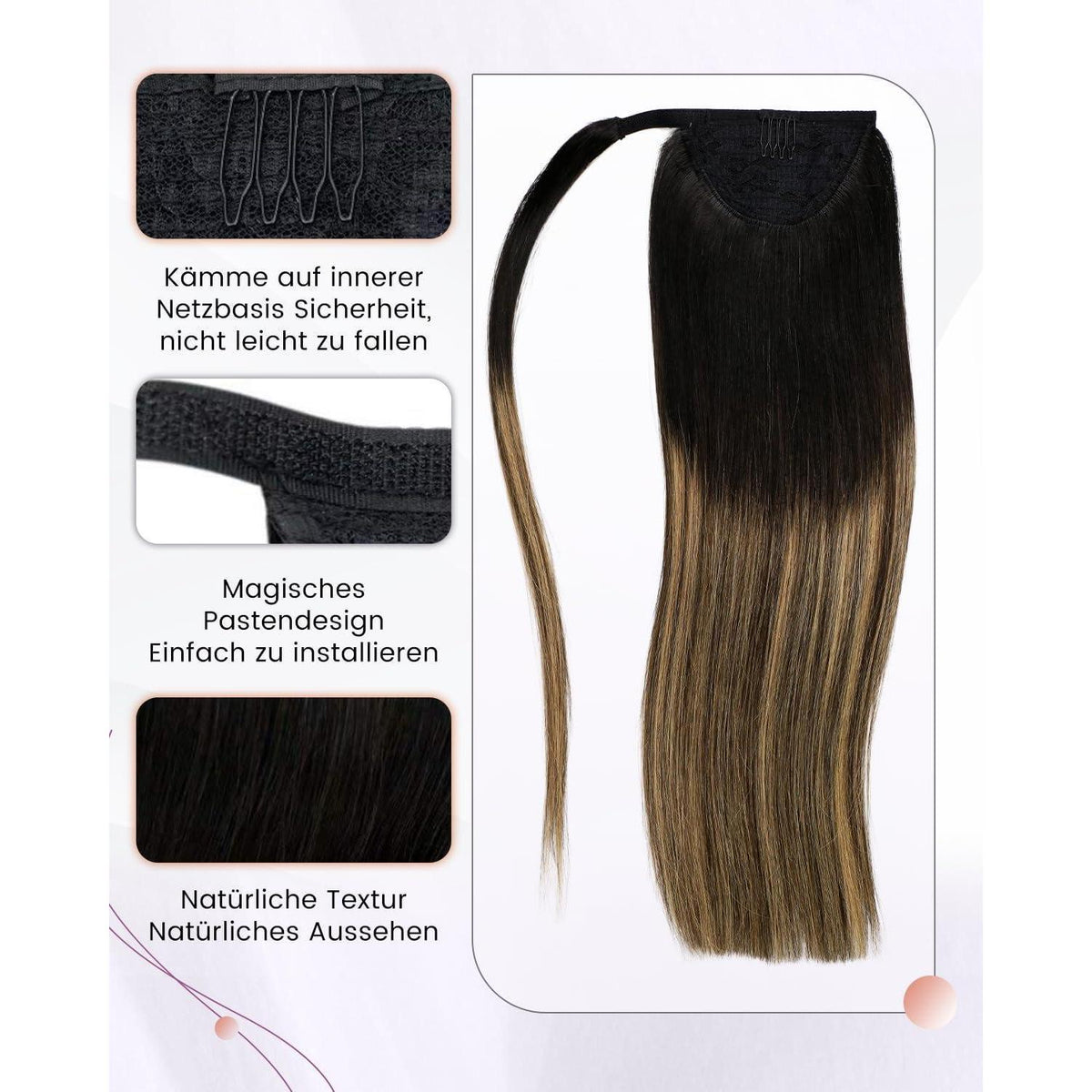 Echthaar Zopf Extension Schwarz Ombre Braun Balayage 40cm