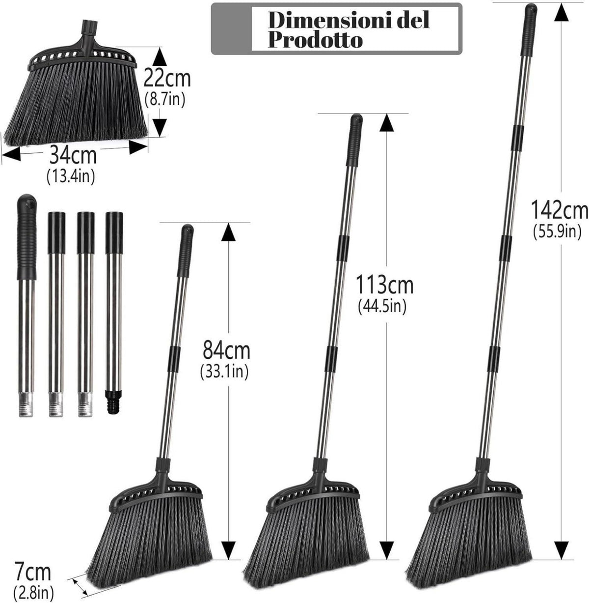 Straßenbesen 142cm Edelstahl Stiel 35cm Borsten Schwarz
