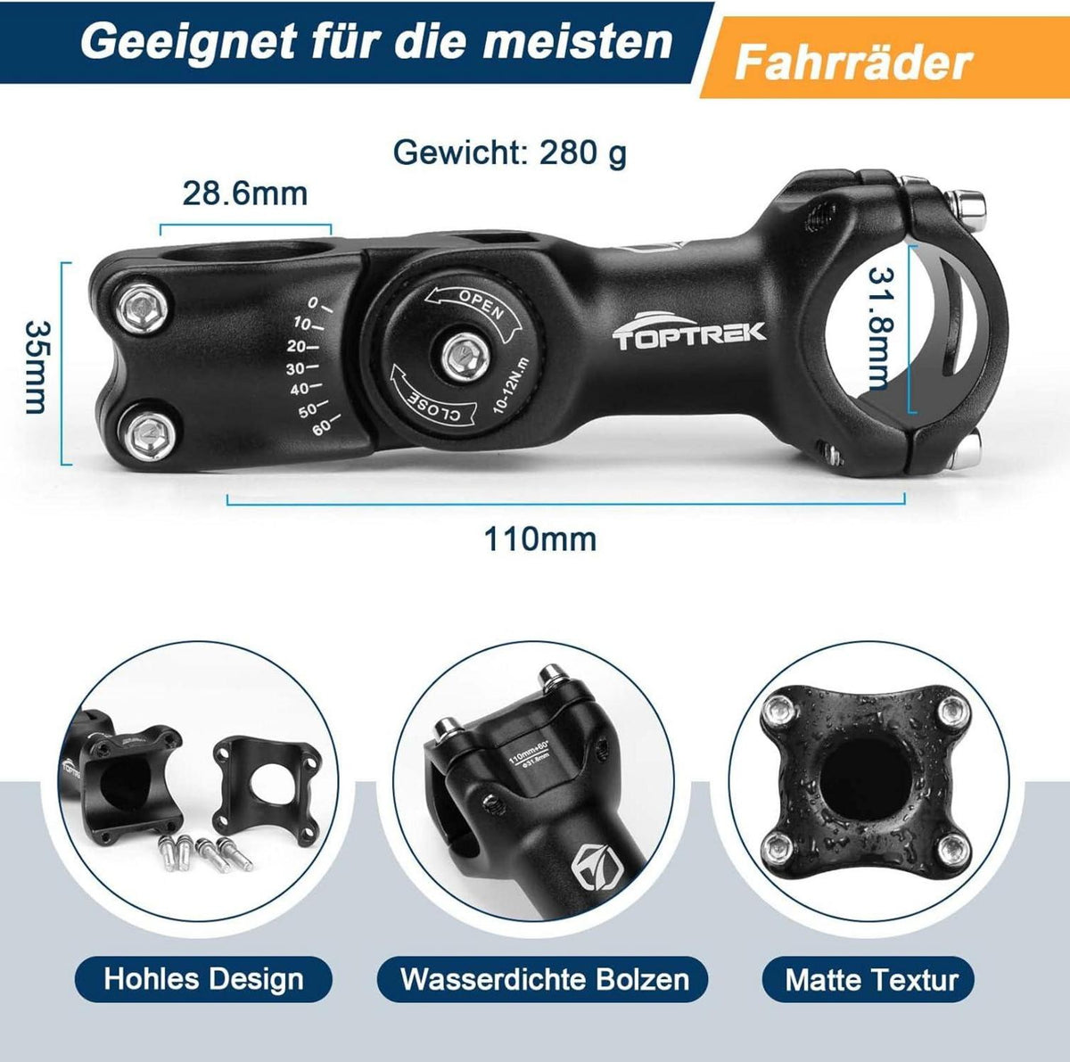 Fahrradlenker Vorbau 31.8mm*110mm Aluminium verstellbar ± 60° Einstellbar