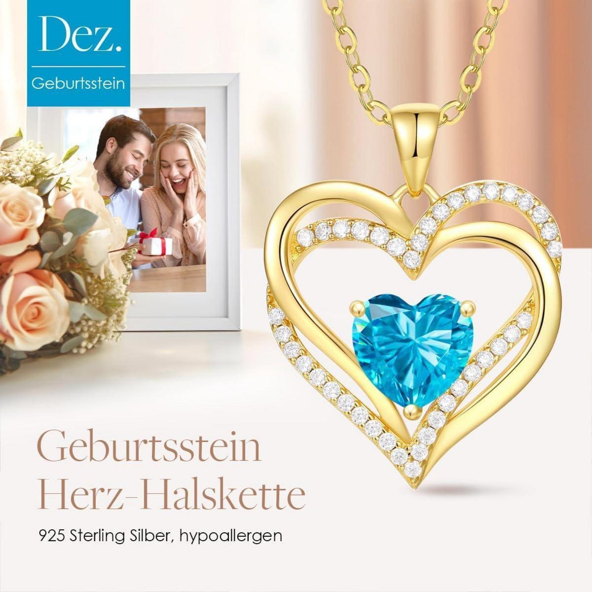 Damen Halskette Herz mit Geburtsstein 925 Sterling Silber