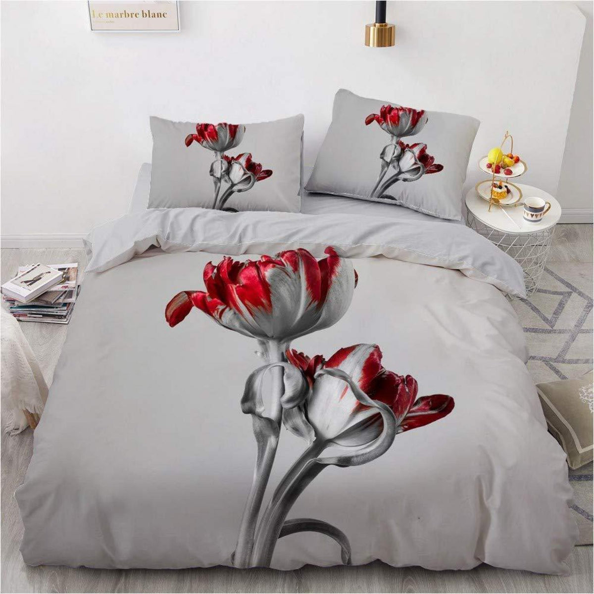Vintage Blumen Bettwäsche Set 135x200 cm, Grau