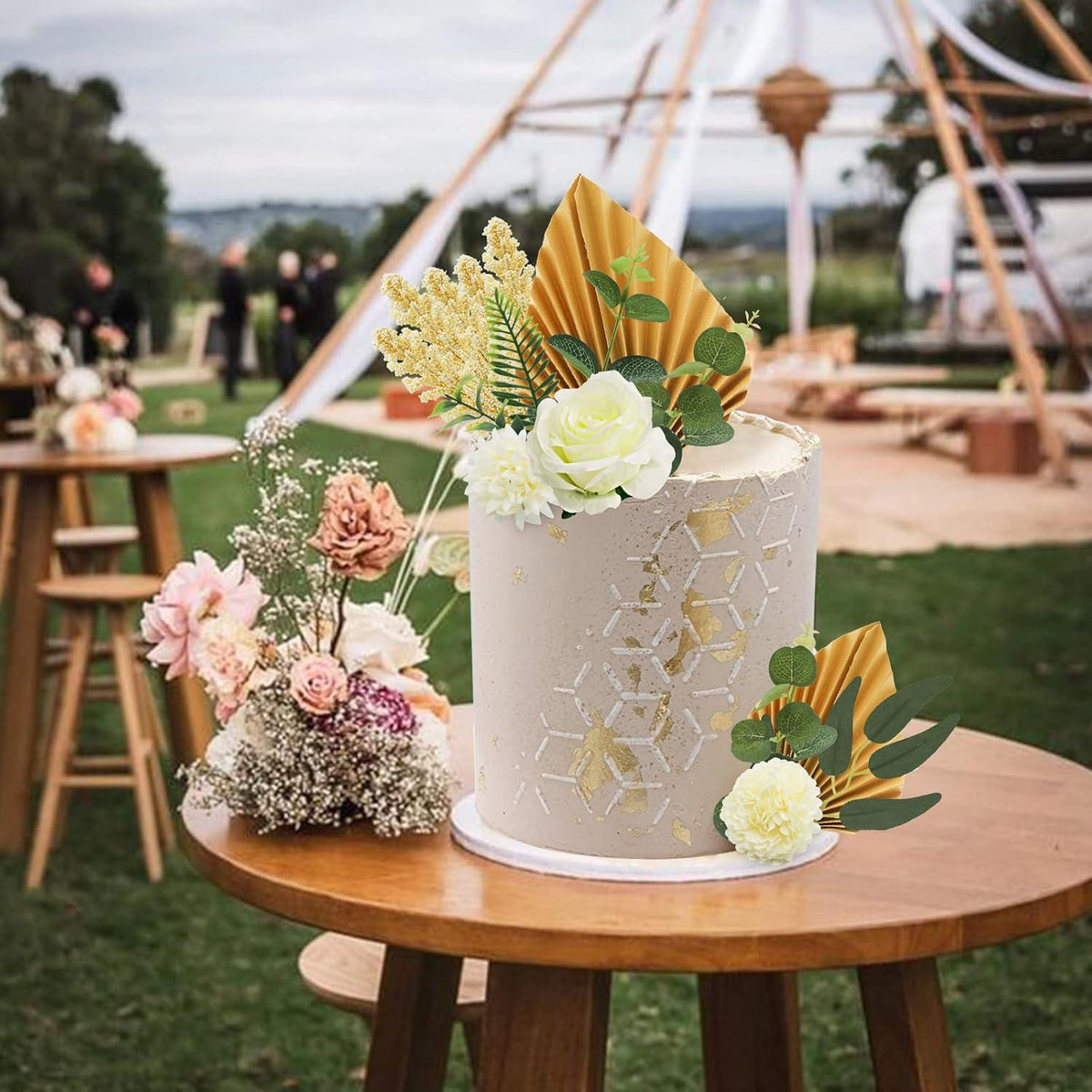 Boho Tortenaufsatz Dekoration 16-teilig Gold Palmenblätter Weiß60930792