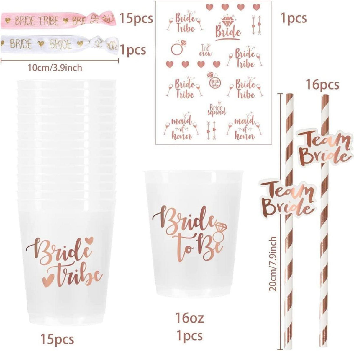 Rosegold JGA Deko Set 16-teilig, Becher Strohhalme Armbänder