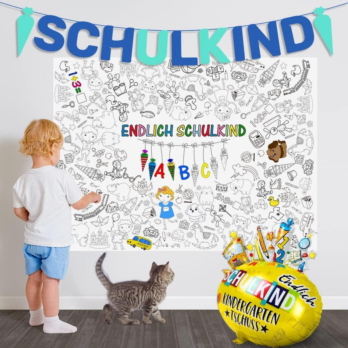 Ausmaltischdecke Einschulung mit 12 Farbstiften - Tischdecke zum Ausmalen für Jungen und Mädchen