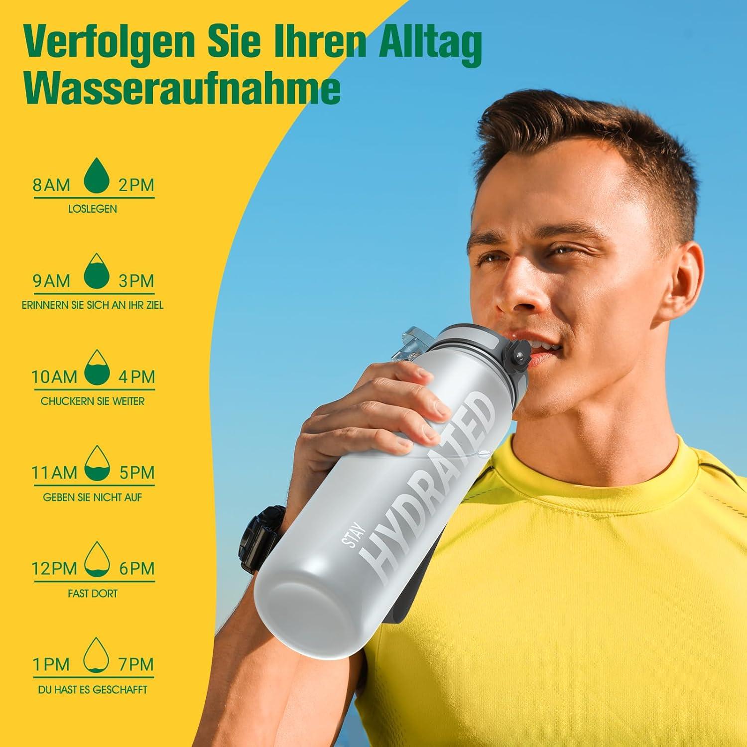 Sport Trinkflasche BPA-frei 1L Auslaufsicher Camping Yoga Grau 32oz