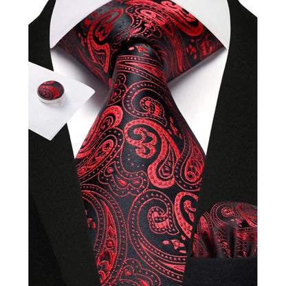 Herren Krawatten Set mit Einstecktuch & Manschettenknöpfen – Paisley Rot Schwarz