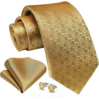 Herren Krawatten Set Paisley mit Einstecktuch & Manschettenknöpfen Gold