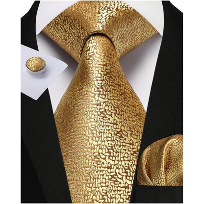 Herren Krawatten Set Paisley mit Einstecktuch & Manschettenknöpfen Gold