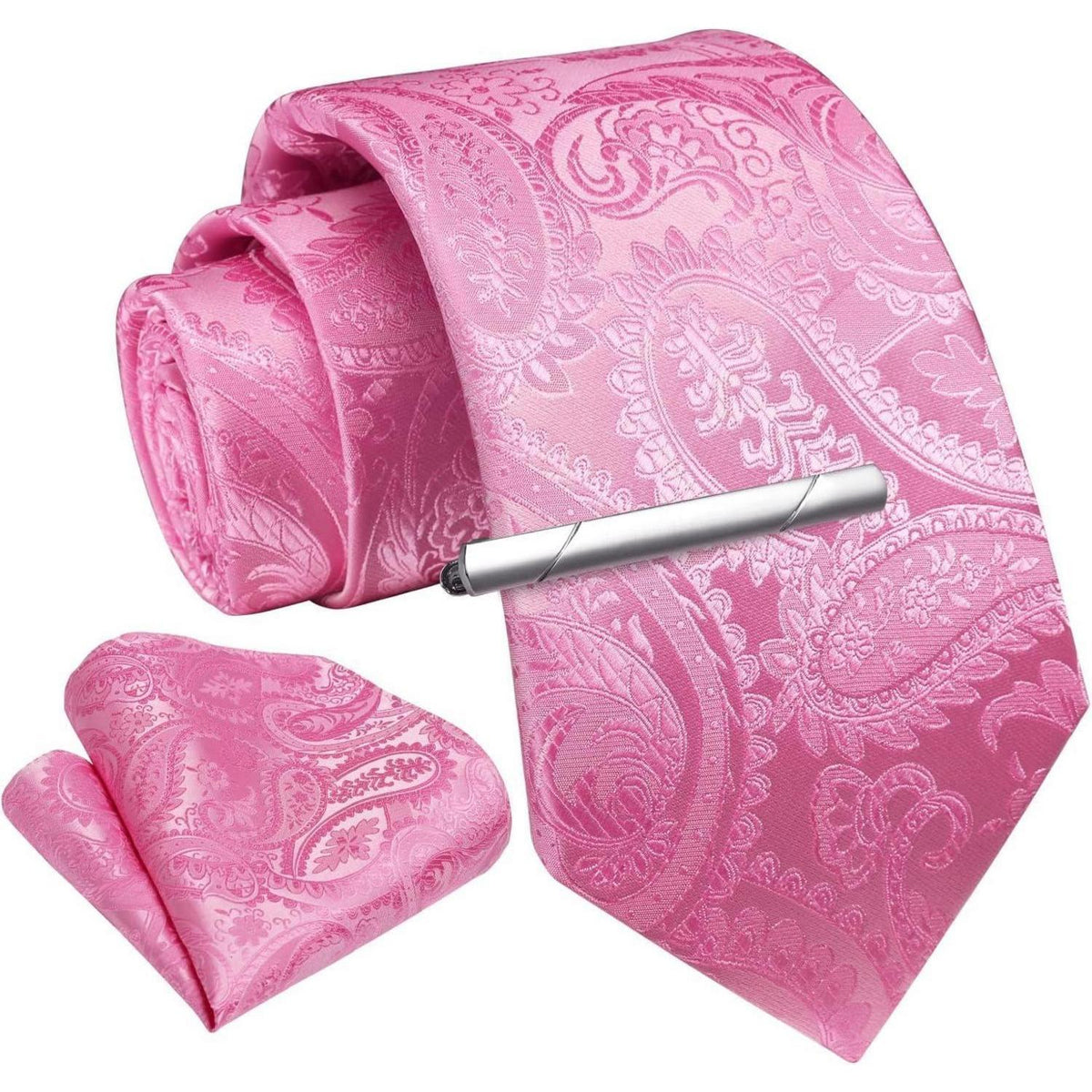 Herren Krawatten-Set mit Einstecktuch und Krawattennadel – Rosa Paisley