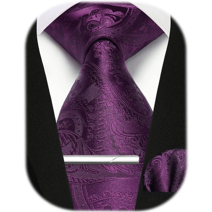 Herren Krawatten-Set mit Einstecktuch und Krawattennadel - Lila Paisley