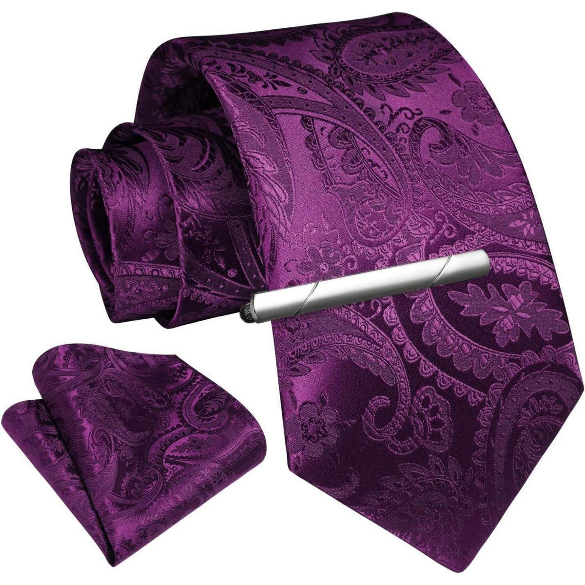 Herren Krawatten-Set mit Einstecktuch und Krawattennadel - Lila Paisley