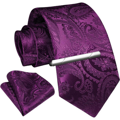 Herren Krawatten-Set mit Einstecktuch und Krawattennadel - Lila Paisley