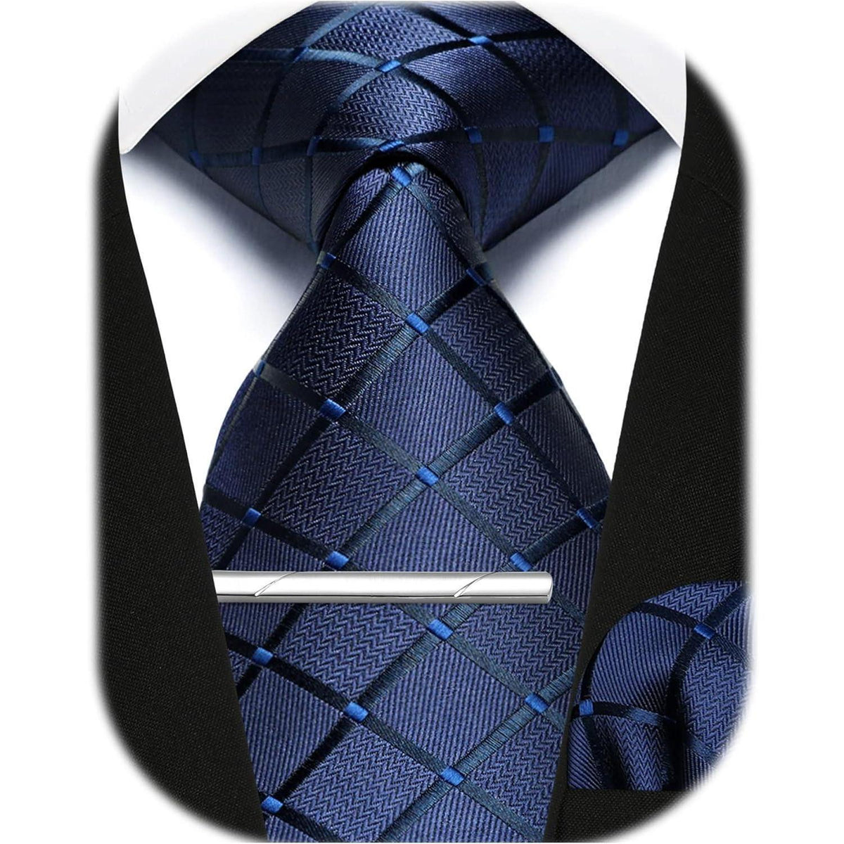 Herren Krawatten-Set mit Einstecktuch und Krawattennadel – Marineblau Kariert