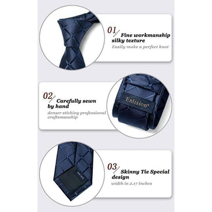 Herren Krawatten-Set mit Einstecktuch und Krawattennadel – Marineblau Kariert