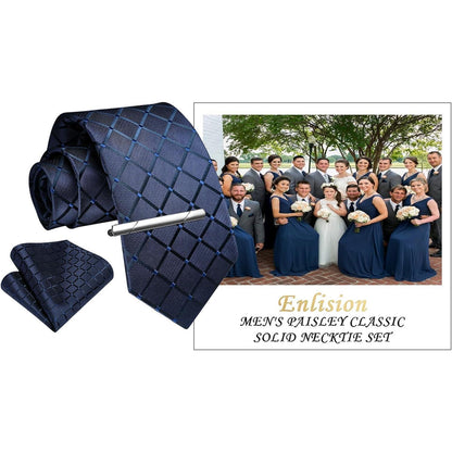 Herren Krawatten-Set mit Einstecktuch und Krawattennadel – Marineblau Kariert
