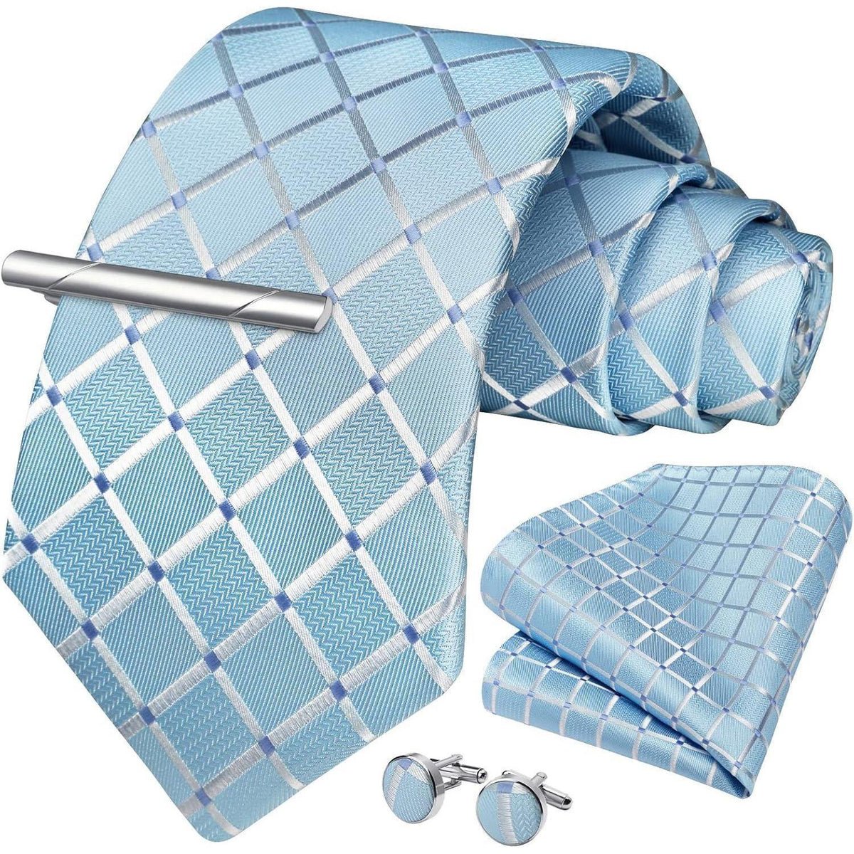 Herren Krawatten-Set mit Einstecktuch und Manschettenknöpfen, Babyblau kariert