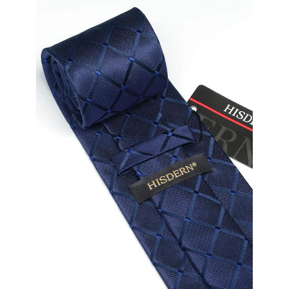 Herren Krawatten-Set mit Einstecktuch und Manschettenknöpfen, marineblau kariert