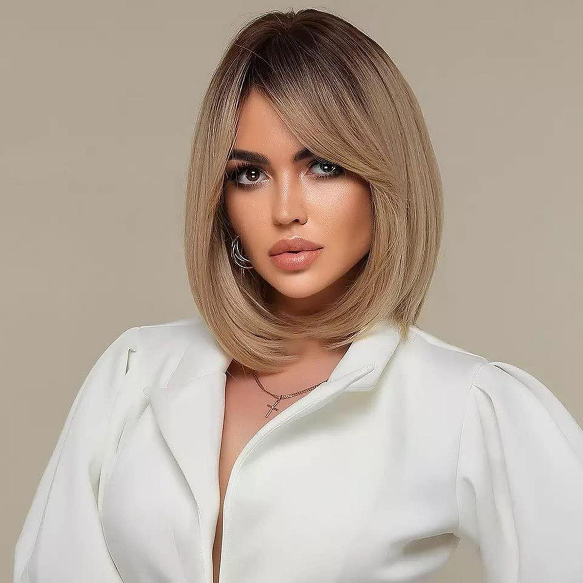 Gerade Bob Perücke mit Pony – Braun Ombre Blond