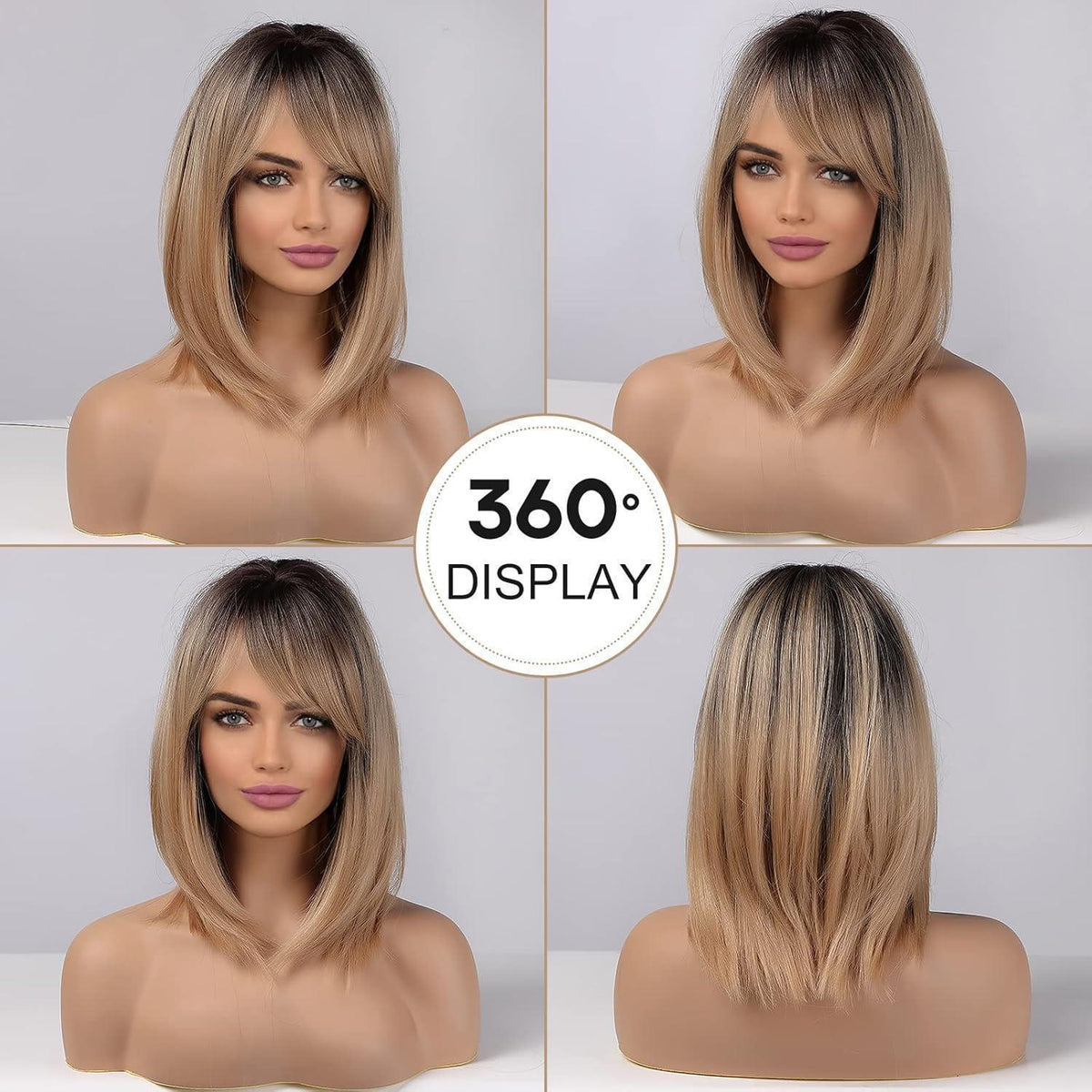 Gerade Bob Perücke mit Pony – Braun Ombre Blond